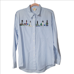 Vintage TIA DESIGNS Lighthouse Gingham Button Up Long Sleeve Grandma Nautical L